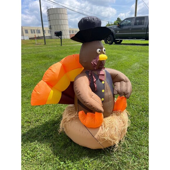 Inflatable 5ft Thanksgiving Turkey Decoration With Hat & Straw - Picture 2 of 4